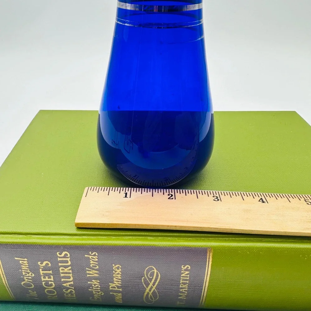 Cobalt Blue Glass Ruffled Bud Vase with Silver Stripes MCM 6